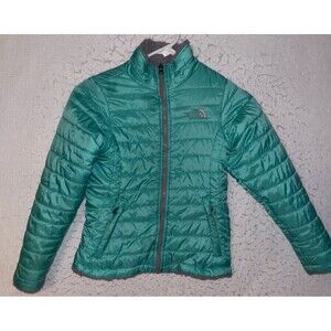 North Face Reversable Mossbud Swirl Puffer Fuzzy Jacket Teal Gray Girl's S 7-8